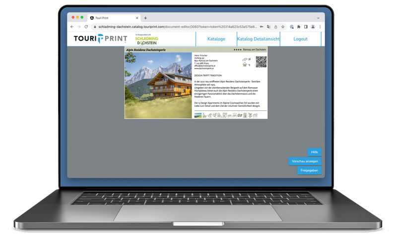 Laptop mit der TOURIPRINT-Webapplikation: Inserat eines Betriebs im Gastgeberverzeichnis Schladming-Dachstein mit den Schaltflächen Vorschau anzeigen und Freigegeben